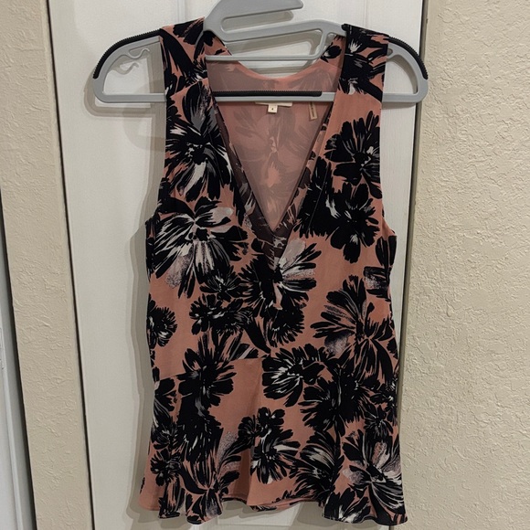 Rebecca Taylor Black and Pink Floral Sleeveless Silk Peplum Blouse - Picture 3 of 7